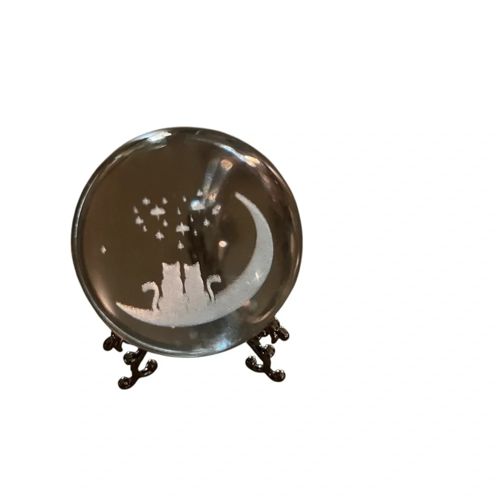 Crystal Ball With Two Cats On Moon Heart Stars With Stand